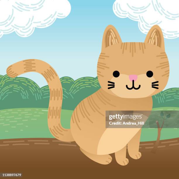 cute cartoon ginger cat sits on a log - orange cat tree stock illustrations