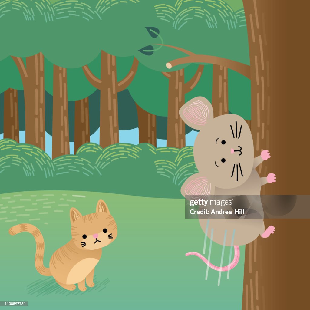 Gato Sentado En El Bosque Viendo Un Ratón Ilustración de stock - Getty  Images