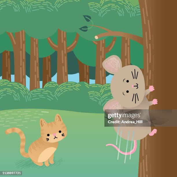 bildbanksillustrationer, clip art samt tecknat material och ikoner med katt sittande inne om trä vaktande en mus - spräcklig katt