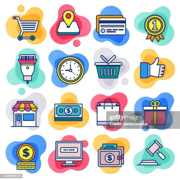 e-commerce business, technology, society flat line liquid style vector icon set - customer data management stock illustrations