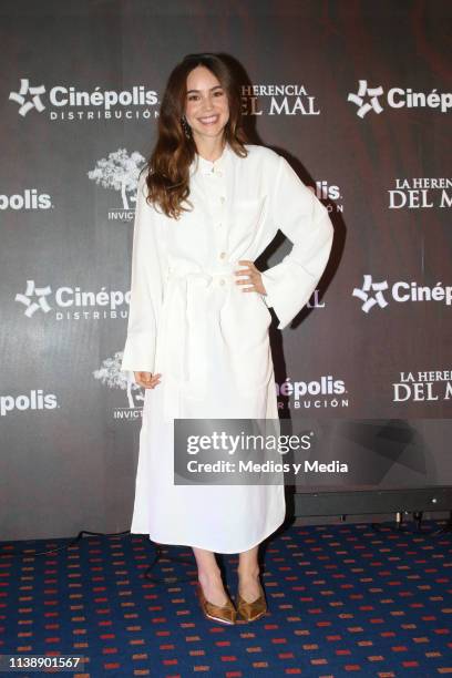 Camila Sodi poses for photos during film 'La Herencia del Mal' press conference at CinÈpolis Portal San Angel on March 28, 2019 in Mexico City,...