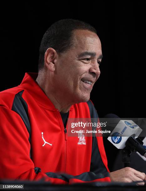 Head coach Kelvin Sampson of the Houston Cougars coaches during a practice session ahead of the NCAA Basketball Tournament Midwest Regional at the...