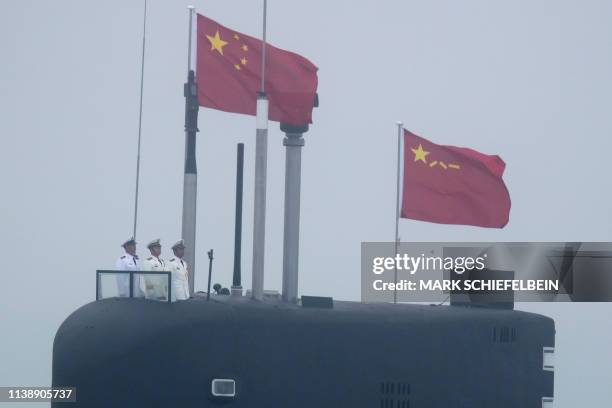 New type 094A Jin-class nuclear submarine Long March 10 of the Chinese People's Liberation Army Navy participates in a naval parade to commemorate...