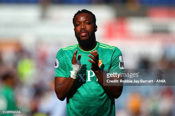 Nathaniel Chalobah of Watford applauds the fans during the Premier League match between Huddersfield Town and Watford FC at John Smith's Stadium on...