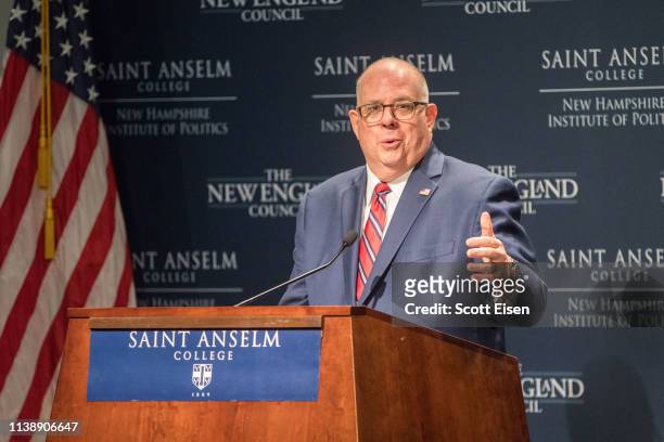 Maryland Governor Larry Hogan speaks at the New Hampshire Institute of Politics as he mulls a Presidential run on April 23, 2019 in Manchester, New...