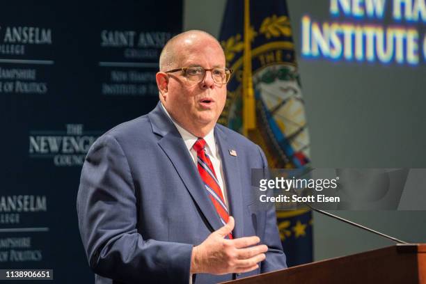 Maryland Governor Larry Hogan speaks at the New Hampshire Institute of Politics as he mulls a Presidential run on April 23, 2019 in Manchester, New...