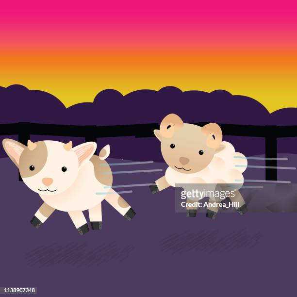 cute goat and sheep run in pasture - kid goat stock illustrations