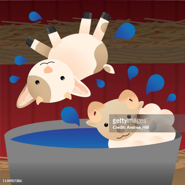cute goat and ram playing in their swimming pool - kid goat stock illustrations