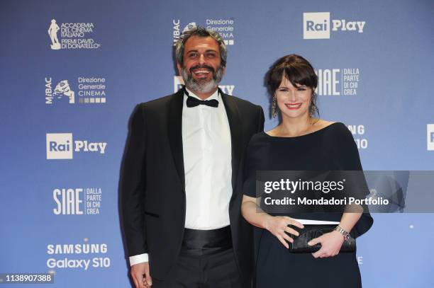 Italian television host Lorena Bianchetti with her husband Bernardo De Luca during the red carpet of the 64th edition of the David di Donatello. Rome...