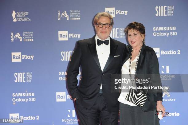Italian television host and author Serena Dandini and Italian composer and musician Lele Marchitelli during the red carpet of the 64th edition of the...