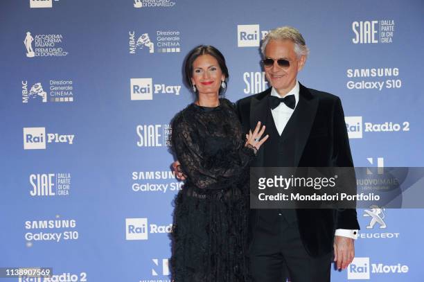 Italian singer Andrea Bocelli with her wife Veronica Berti during the red carpet of the 64th edition of the David di Donatello. Rome , March 27th,...