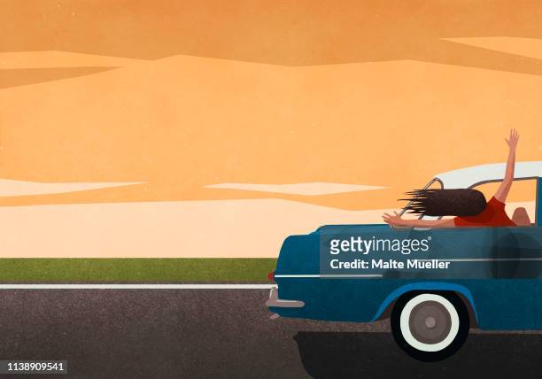 ilustraciones, imágenes clip art, dibujos animados e iconos de stock de carefree woman enjoying road trip, leaning out of car window - vehicle seat