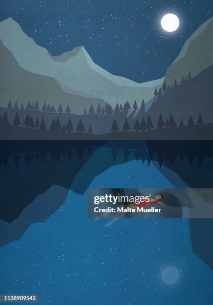 illustrazioni stock, clip art, cartoni animati e icone di tendenza di moonlight shining over serene woman floating on back in tranquil mountain lake - luna piena