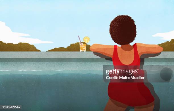 stockillustraties, clipart, cartoons en iconen met woman relaxing in swimming pool with cocktail - relaxen