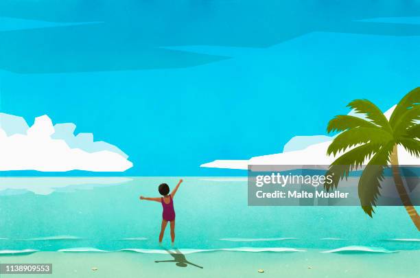 illustrations, cliparts, dessins animés et icônes de exuberant woman wading in sunny tropical ocean - vacances à la mer