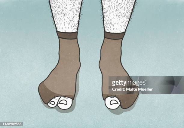 stockillustraties, clipart, cartoons en iconen met big toes sticking out of holes in mans socks - teen