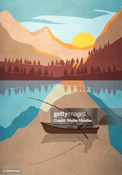 man fishing in boat on tranquil mountain lake - angeln am see stock-grafiken, -clipart, -cartoons und -symbole