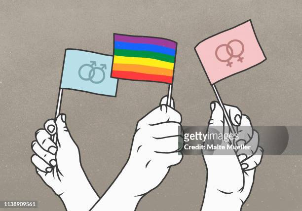 opposing hands waving rainbow and gender flags - marriage equality stock illustrations