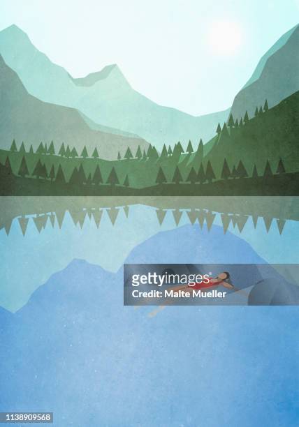 ilustrações, clipart, desenhos animados e ícones de serene woman floating on back in tranquil mountain lake - floating on water