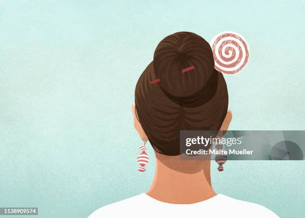 woman wearing candy hair pin and earrings - updo stock illustrations