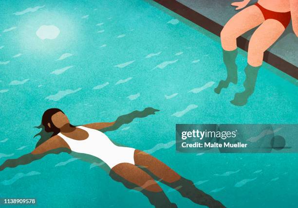 illustrations, cliparts, dessins animés et icônes de serene woman floating on back in swimming pool - personne secondaire