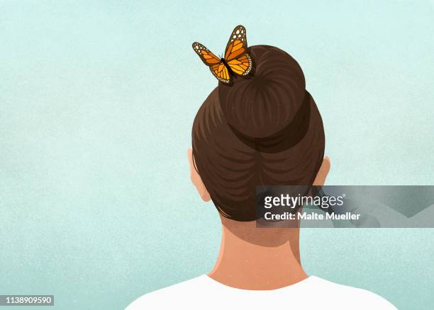 butterfly in womans hair - one woman only stock illustrations