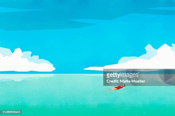 serene woman floating on back in sunny turquoise ocean - 安らかな点のイラスト素材／クリップアート素材／マンガ素材／アイコン素材