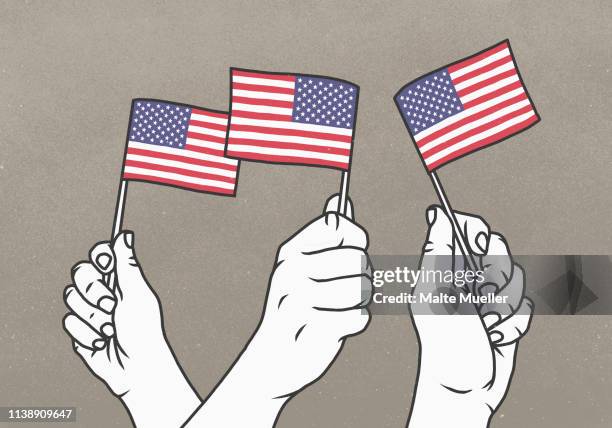 hands waving small american flags - waving gesture stock-grafiken, -clipart, -cartoons und -symbole