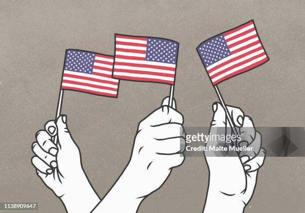illustrazioni stock, clip art, cartoni animati e icone di tendenza di hands waving small american flags - waving