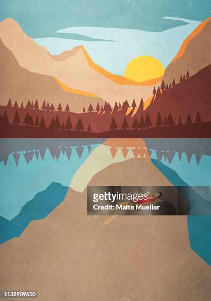 serene woman floating on back in tranquil mountain lake - sonnig stock-grafiken, -clipart, -cartoons und -symbole