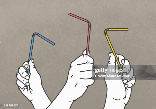 hands holding multicolor straws - three people stock-grafiken, -clipart, -cartoons und -symbole