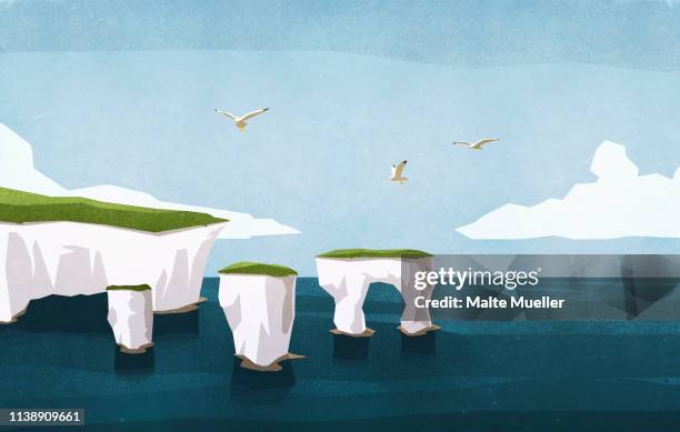 seagulls flying over ocean rock formations - cliff stock illustrations