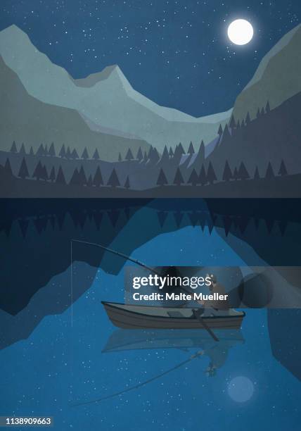 moonlight shining over man fishing in boat on mountain lake - angeln am see stock-grafiken, -clipart, -cartoons und -symbole