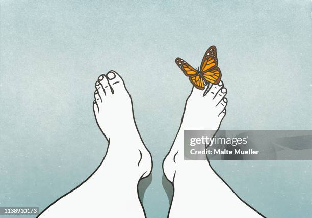 butterfly landing on mans toe - barefoot landing stock illustrations