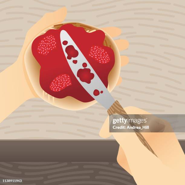 illustrazioni stock, clip art, cartoni animati e icone di tendenza di spargere marmellata di fragole su bun - spread
