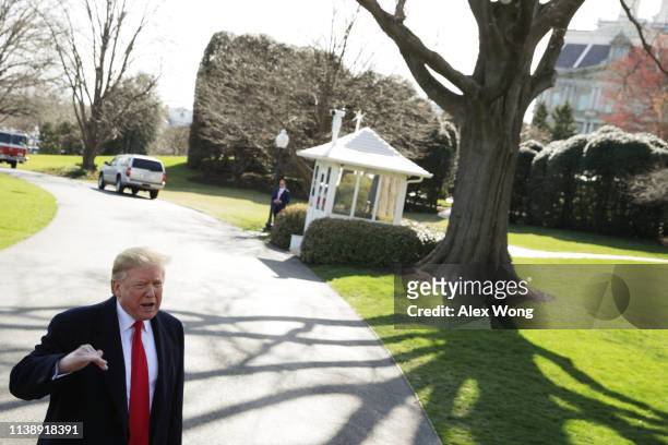 President Donald Trump speaks to members of the media on the South Lawn prior to his departure from the White House March 28, 2019 in Washington, DC....