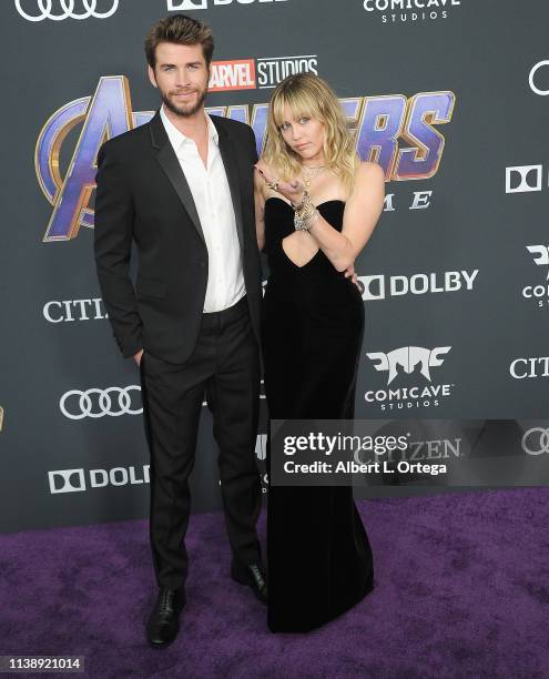 Liam Hemsworth and Miley Cyrus arrive for the World Premiere Of Walt Disney Studios Motion Pictures "Avengers: Endgame" held at Los Angeles...