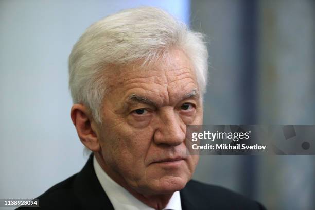 Russian billionaire and businessman Gennady Timchenko attends the annual meeting with members of Russian Geographic Society on April 23, 2019 in...
