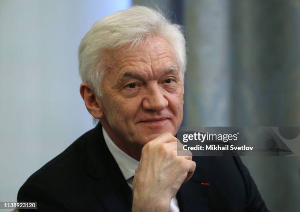 Russian billionaire and businessman Gennady Timchenko attends the annual meeting with members of Russian Geographic Society on April 23, 2019 in...