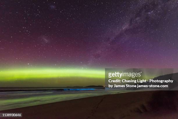incredible bright green display of the aurora australis or southern lights over a beach in tasmania with bright blue bioluminescence in the waves. - southern lights ストックフォトと画像
