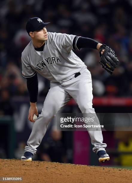 New York Yankees pitcher Adam Ottavino in action during the eighth inning of a game against the Los Angeles Angels played on April 22, 2019 at Angel...