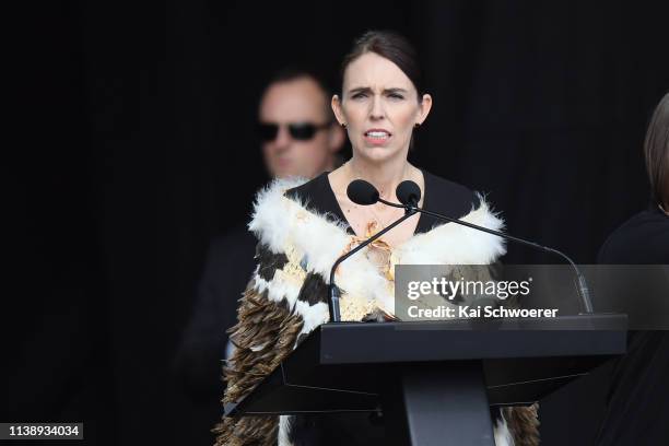 New Zealand Prime Minister Jacinda Ardern speaks during the National Remembrance Service on March 29, 2019 in Christchurch, New Zealand. 50 people...