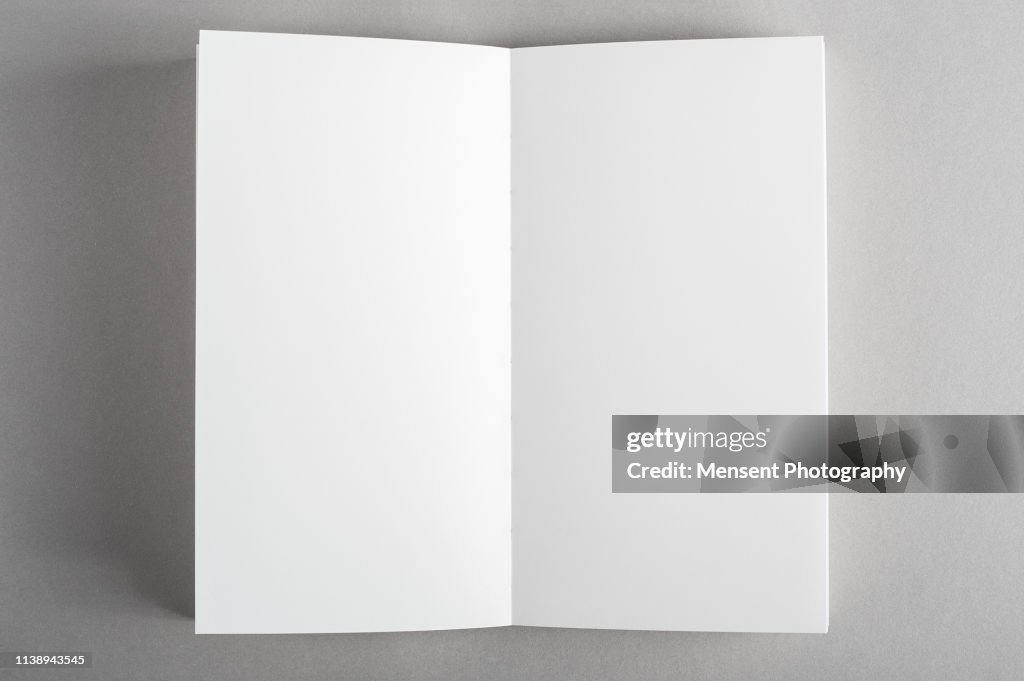 Opened blank magazine book on gray background