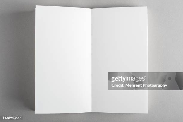 opened blank magazine book on gray background - spread foto e immagini stock