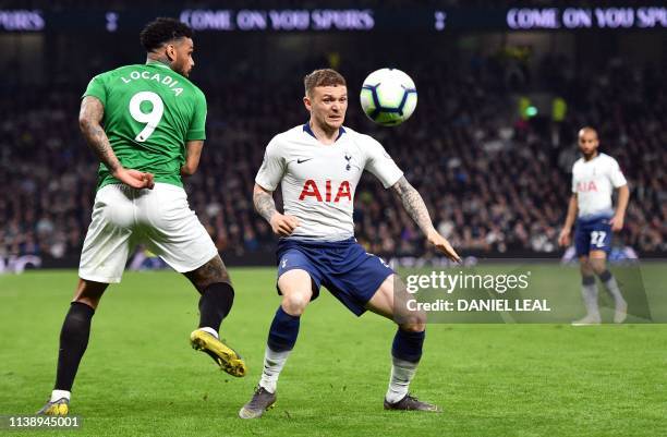 Brighton's Dutch striker Jurgen Locadia and Tottenham Hotspur's English defender Kieran Trippier compete during the English Premier League football...