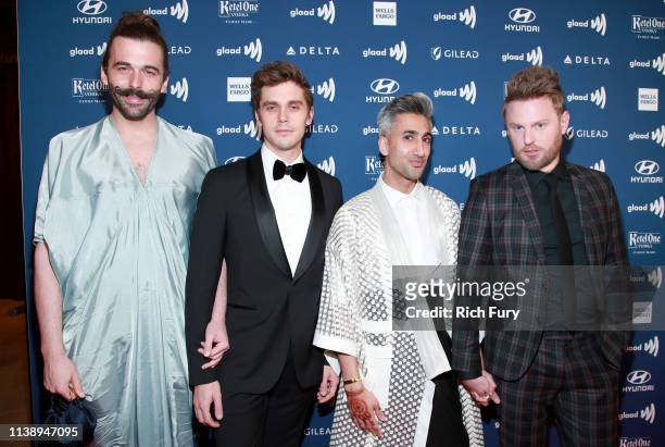 Jonathan Van Ness, Antoni Porowski, Tan France, and Bobby Berk attend the 30th Annual GLAAD Media Awards Los Angeles at The Beverly Hilton Hotel on...