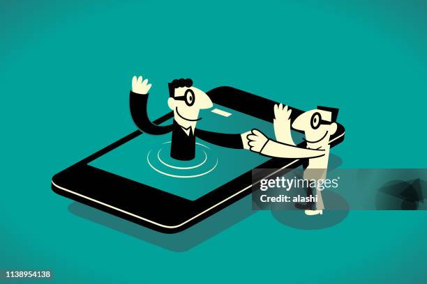 businessman from smart phone giving a handshake to another man - social grace stock illustrations