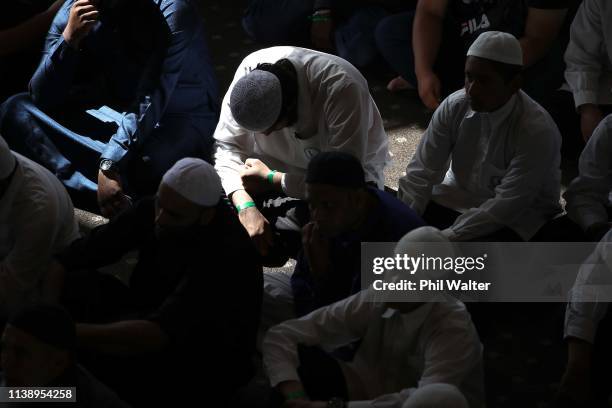 Members of Auckland's Muslim community come togeather in prayer before the remembrance service at Eden Park on March 29, 2019 in Auckland, New...