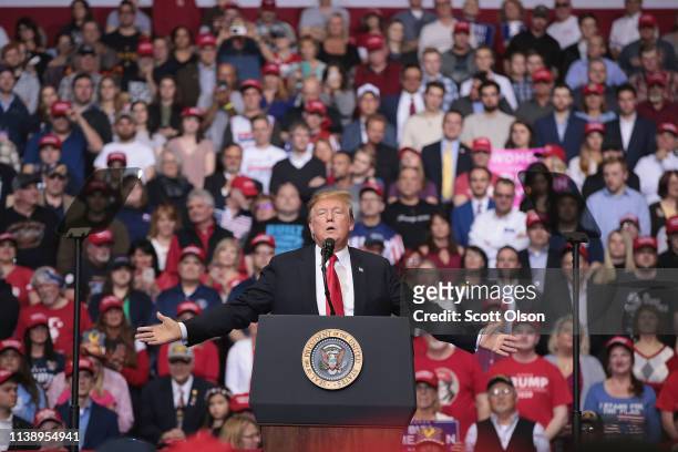 President Donald Trump speaks to supporters during a rally at the Van Andel Arena on March 28, 2019 in Grand Rapids, Michigan. Grand Rapids was the...