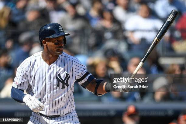 Miguel Andujar of the New York Yankees bats during the first inning of the game against the Baltimore Orioles during Opening Day at Yankee Stadium on...